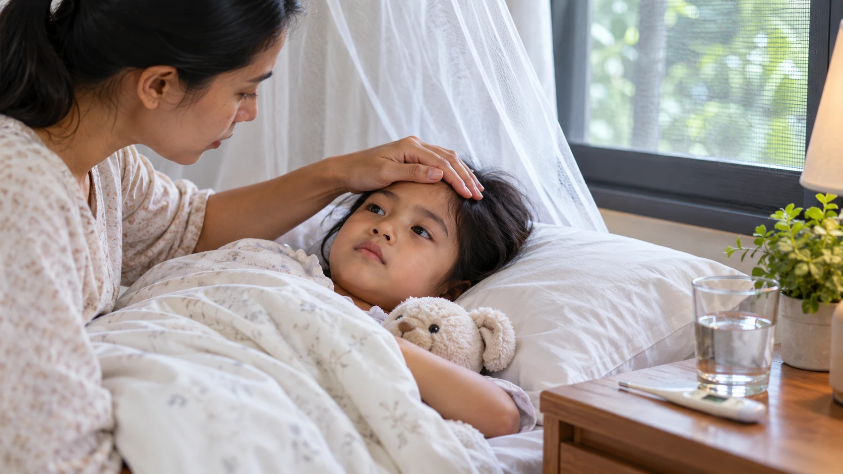 Madre cuidando a un niño con fiebre y síntomas de dengue en casa